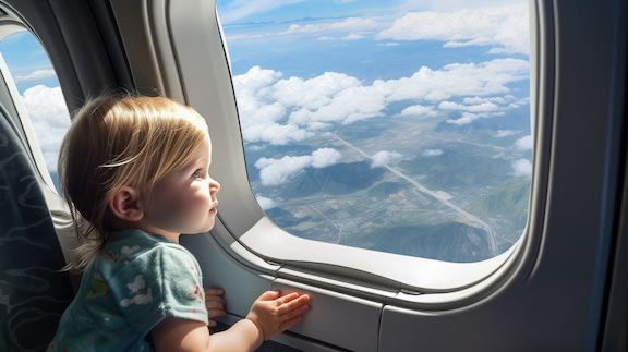 toddler looking out the airplane window in flight